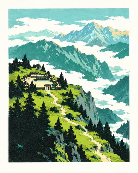 青绿群山与云海前的山脊院落，松林之间有蜿蜒小路