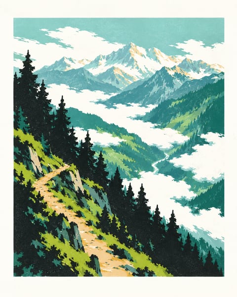 深色松林中的山间小径通向远处雪峰与云海