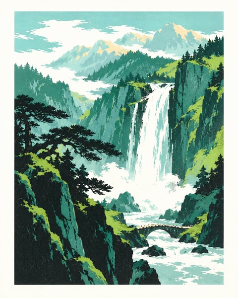 白色瀑布穿过青绿峭壁，前景有松树和山溪