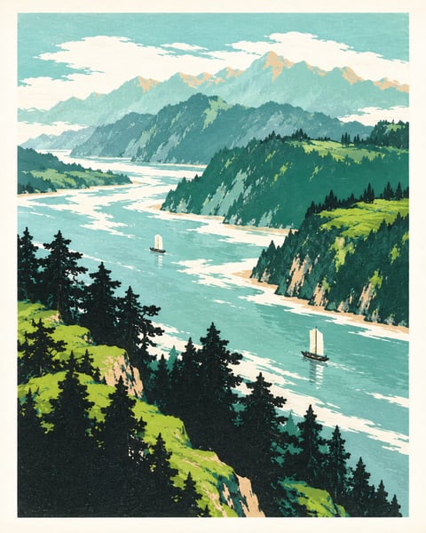 两艘小帆船行于青绿江湾，近岸松林与远山层叠