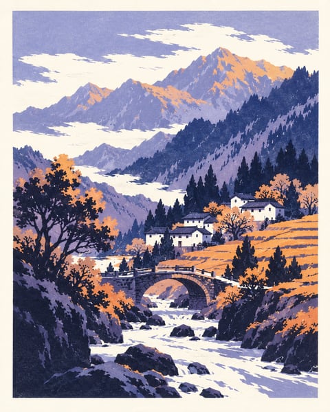 紫灰群山下的村舍与石拱桥，杏色树木围绕山溪