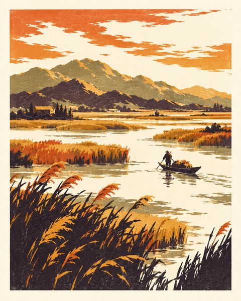 赭金色芦苇水岸与一条小舟，远处是暖色群山