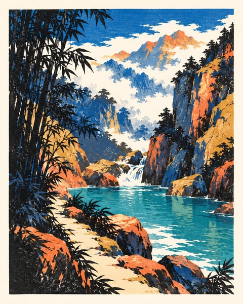 竹林环绕蓝绿色深潭，远处瀑布与橙色岩壁相映
