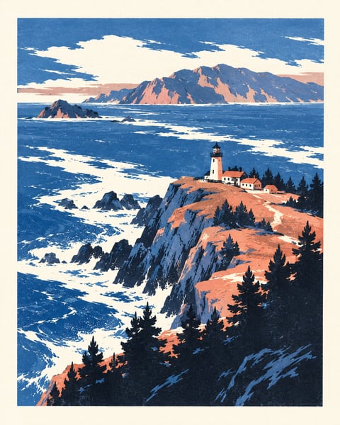 钴蓝海浪围绕珊瑚橙海岬，岬顶立着小灯塔
