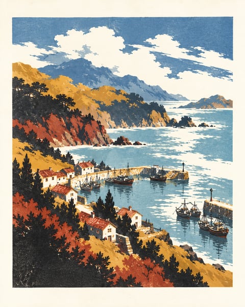 蓝灰色海港中的渔船与白墙村舍，岸边有金黄树木