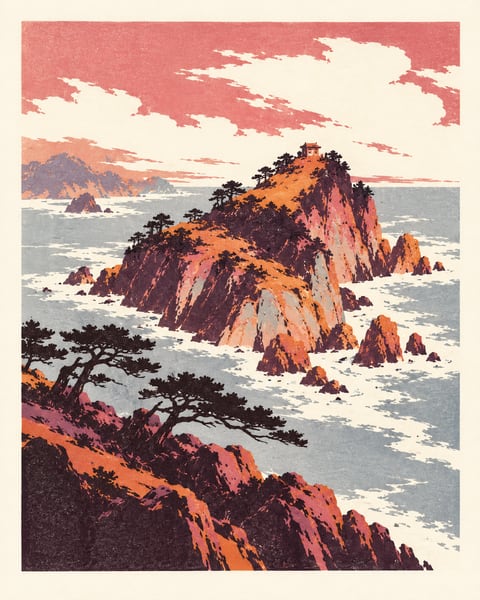 玫瑰色海天与红褐岩岛，前景岩岸生长着深色松树