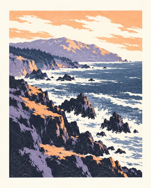 紫灰色礁岸间翻涌白色海浪，远处天空泛着杏色