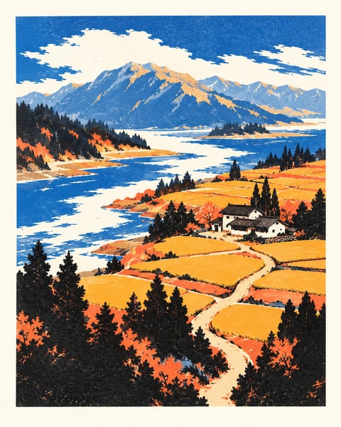 金橙色田块与曲折浅色田埂，远处是蓝色山峰与水面