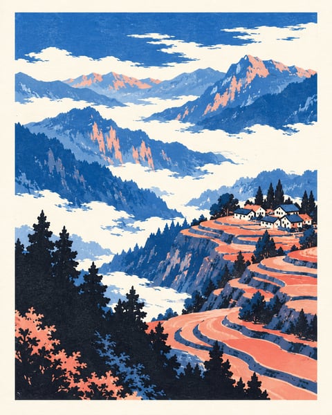 橙色梯田沿山坡展开，山脊村落面朝蓝色群山与云海