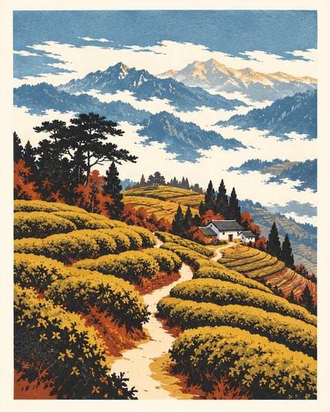 金绿茶垄间穿过浅色小路，远处有村舍和蓝灰山岭
