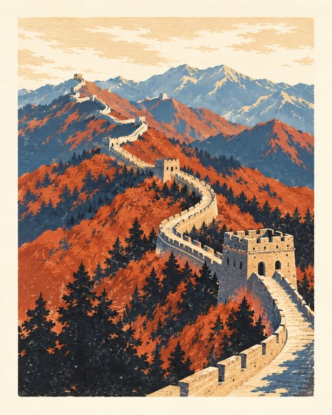 赭红山岭与靛蓝阴影间，长城沿山脊蜿蜒，石砌垛口与瞭望塔逐层远去。