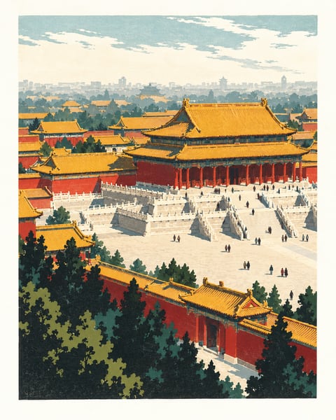 朱红宫墙与金黄重檐围合故宫庭院，白石台阶通向高耸的宫殿。